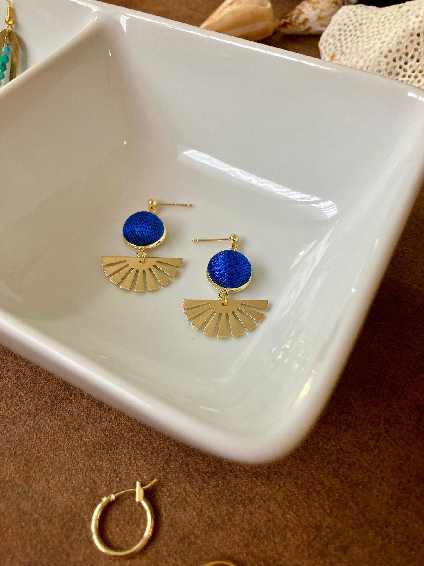 Golden Contemporary Design Silk Earring Studs-Royal Blue