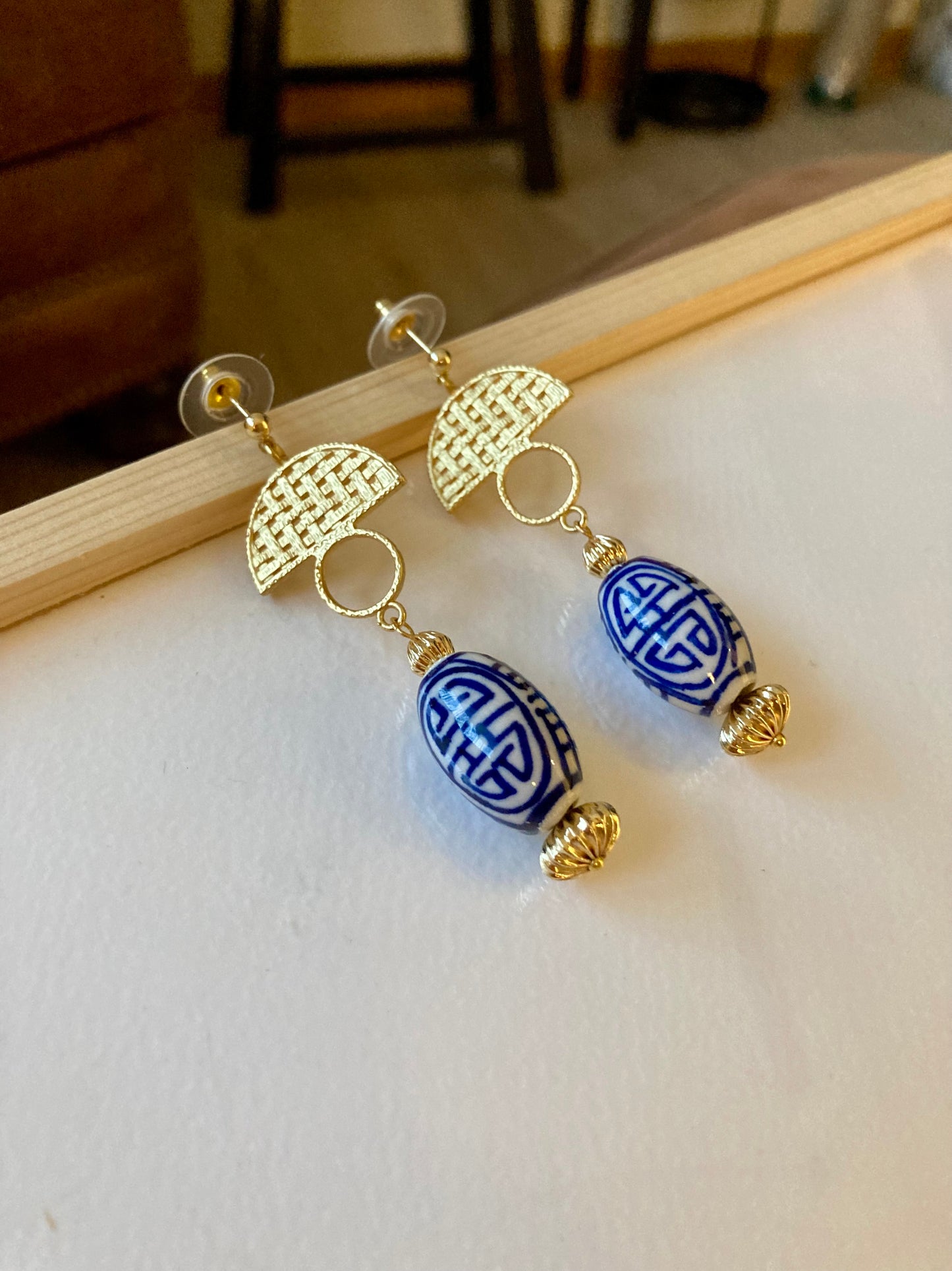 Gwen•Statement Golden Stud Earrings with Hand Painted Ceramic Ancient Character of Long-Life Beads