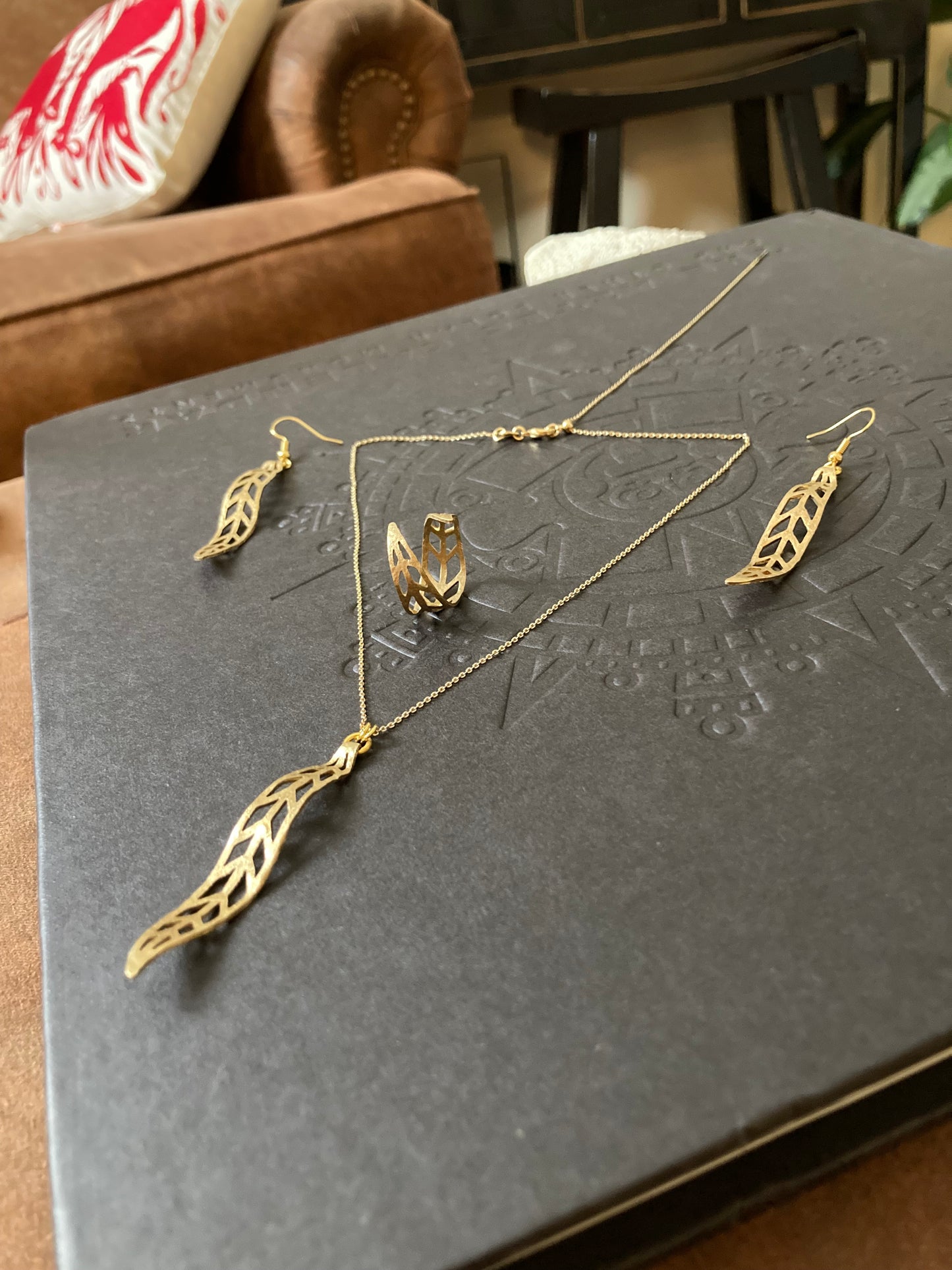 Discovery-Set-Golden Leaf Earrings+Necklace+Ring One of a Kind Set