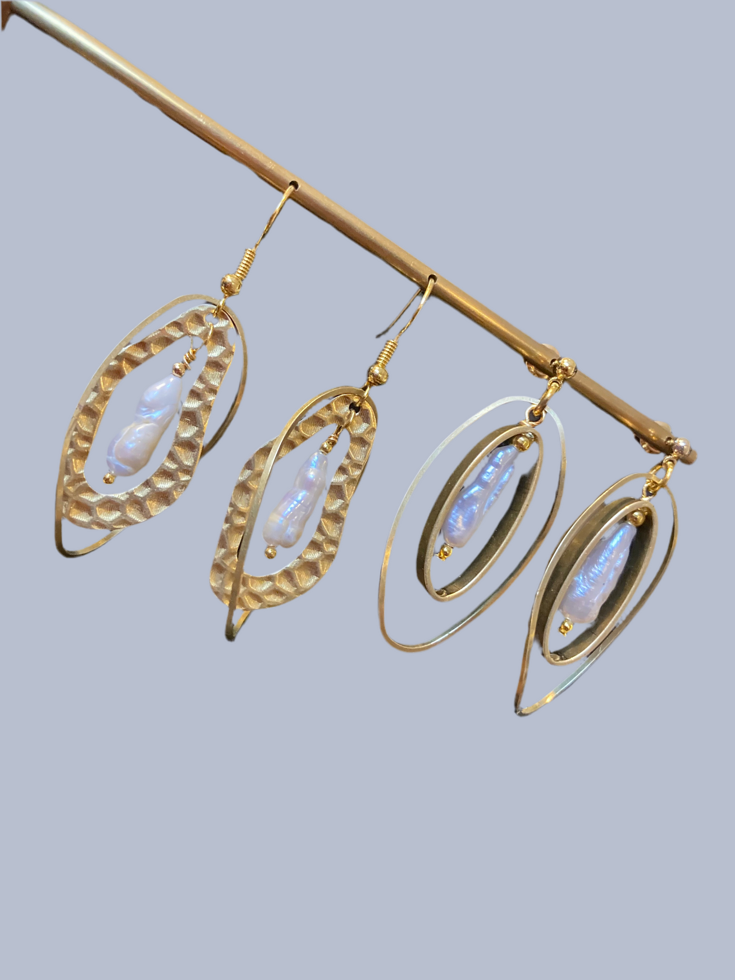 Lynn T• Freshwater Pearl Modern Geometric Design Golden Dangling Earrings