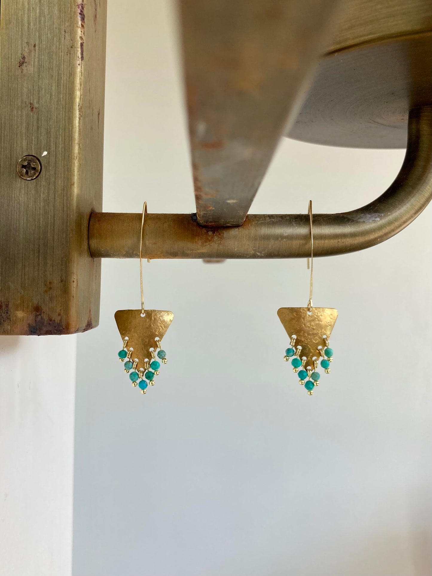 Tulum•Unique Hand Hammered Golden Geometric Turquoise Beads Tassel Earrings