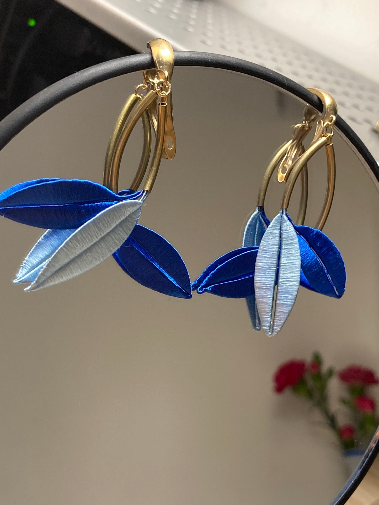 Jenny•Unique Design Statement Hand-wrapped Silky Thread Blue Floral Earrings