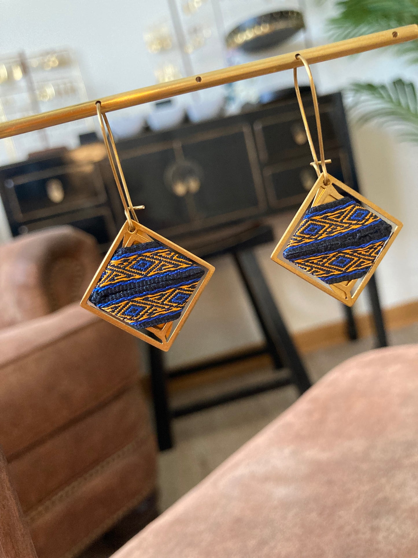 Aztec-Golden Geometric Diamond Dangling Earrings