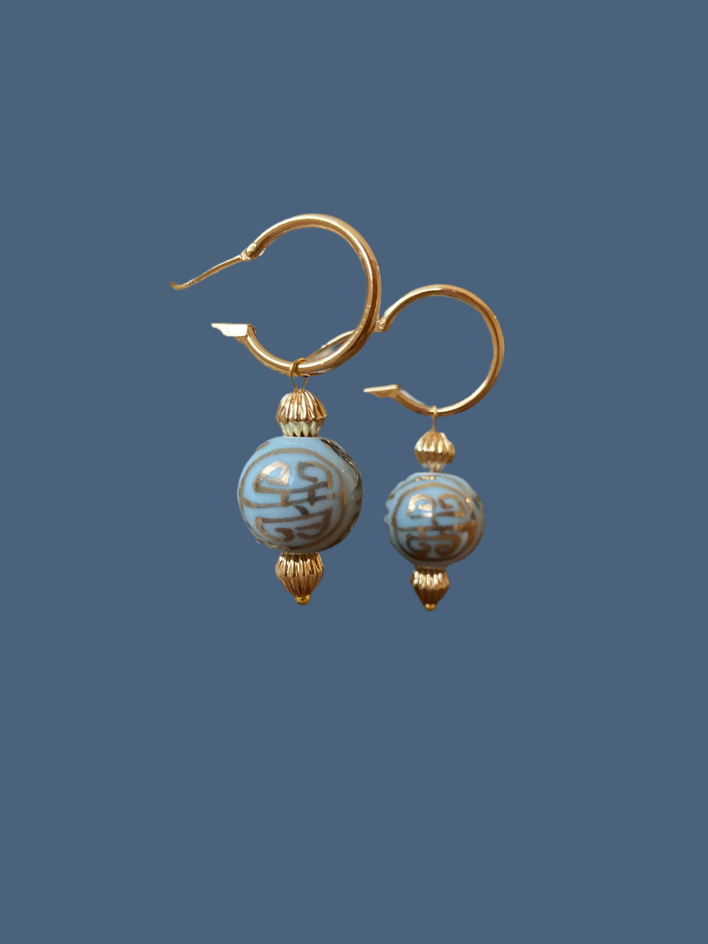 Esperanza• Modern Design Golden Huggies Earrings with Hand Painted Ancient Character of Long-Life Ceramic Beads