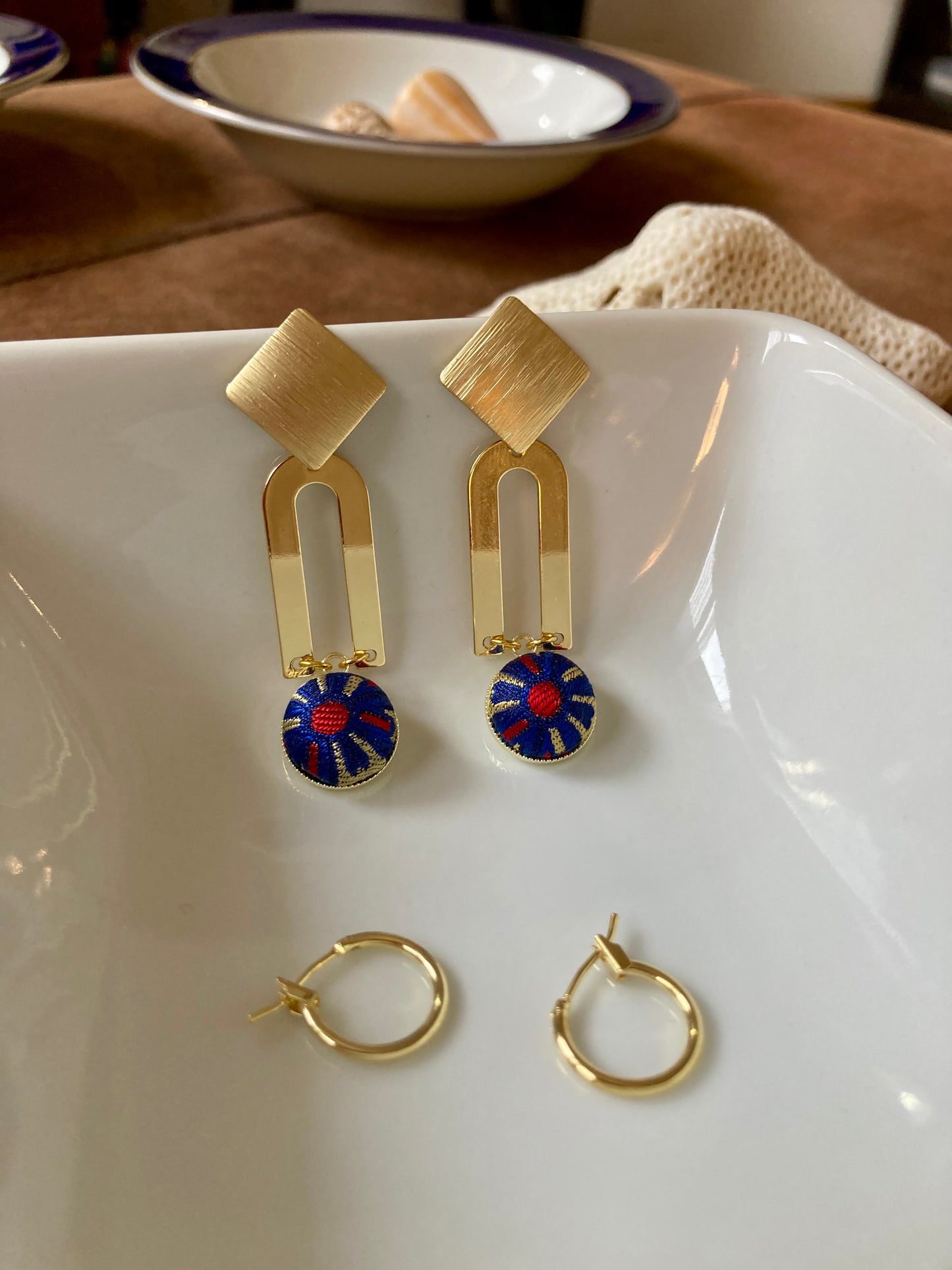 Golden Geographic Design Silk Earring Studs-Royal Blue