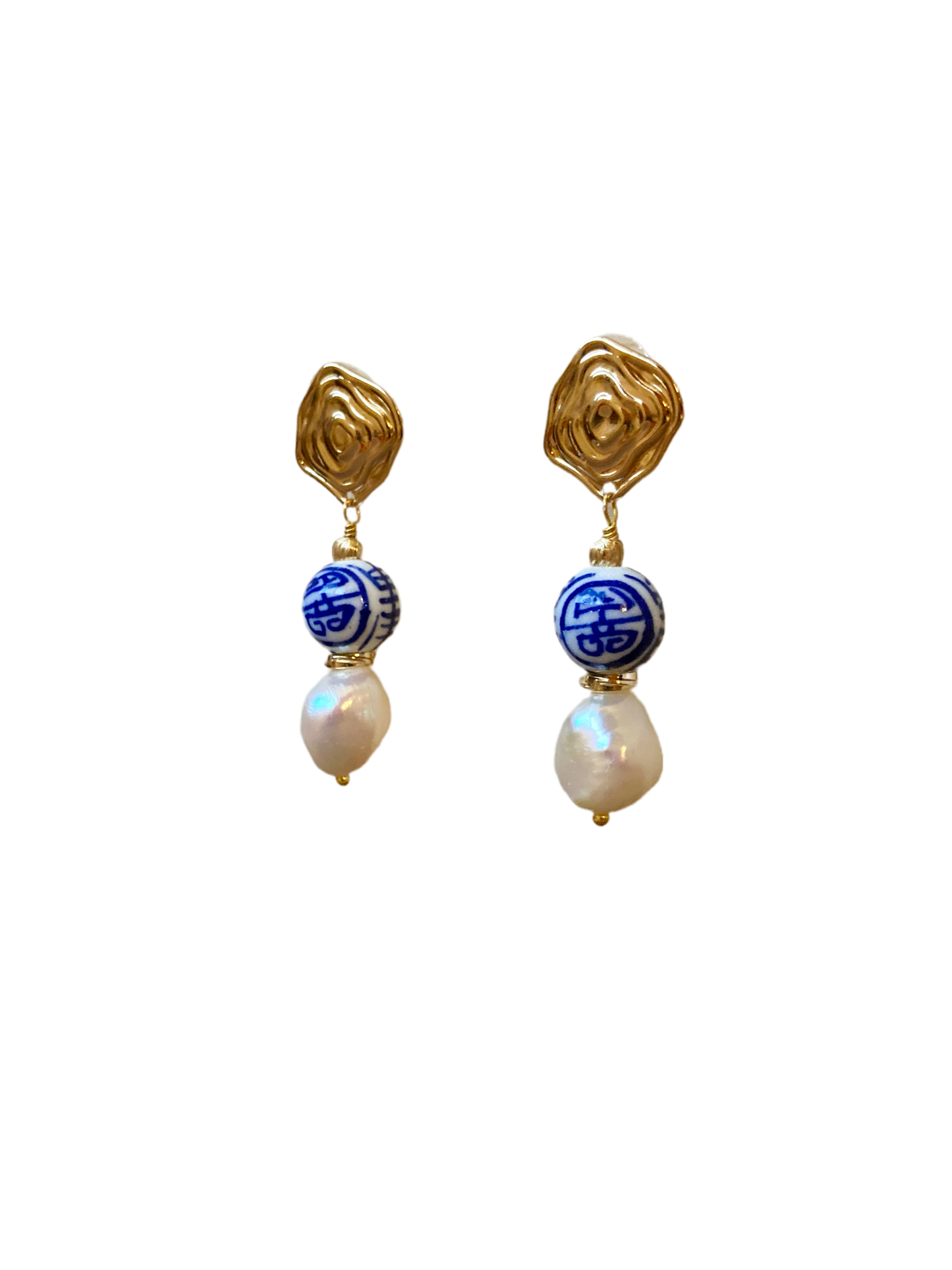 Statement Golden Stud Earrings in Freshwater Pearl & Hand Painted Ancient Character of Long-Life Ceramic Beads