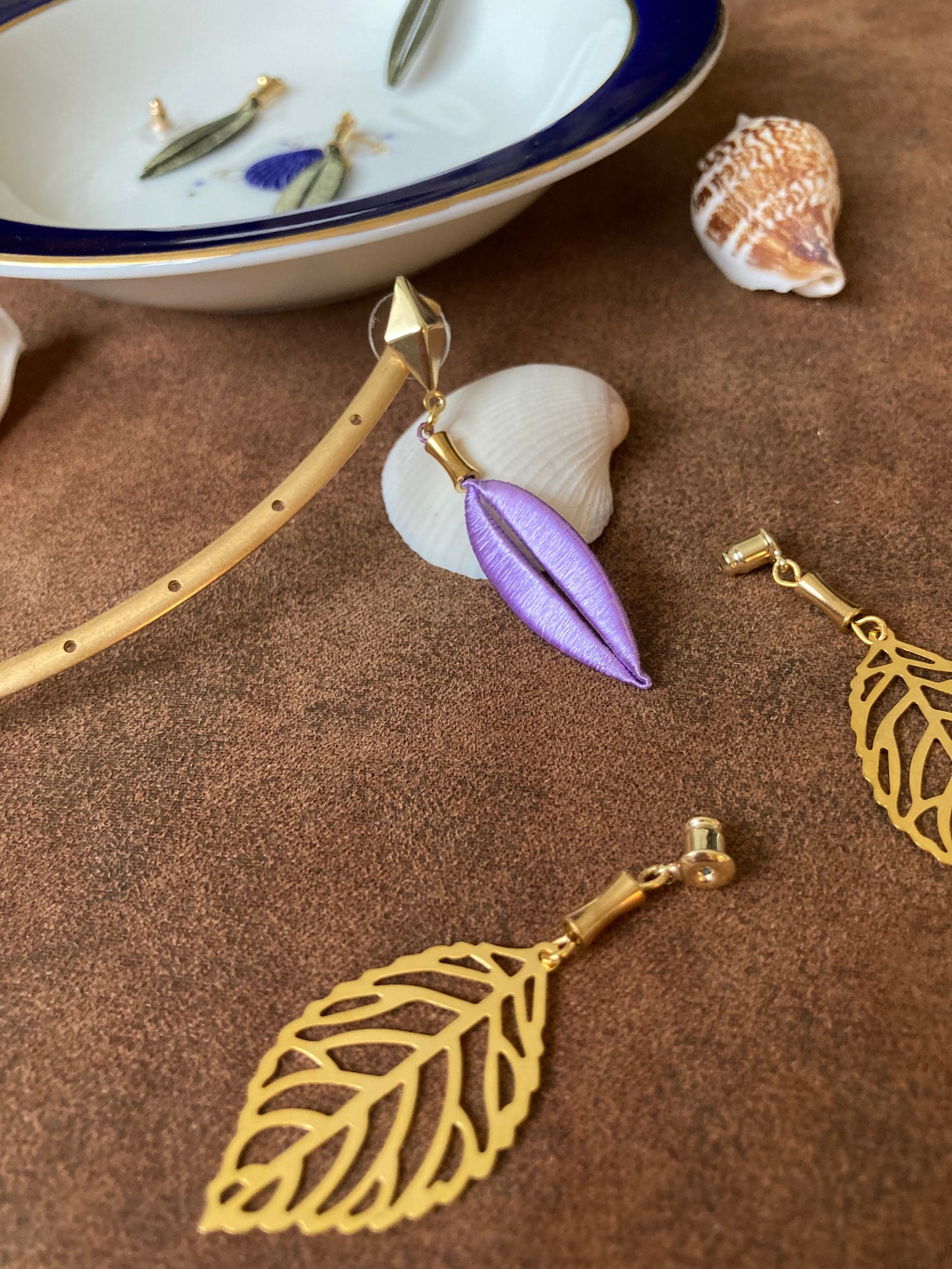 Interchangeable Gold & Lavender Shiny Hand-wrapped Silky Thread Leaf Dangling Earrings