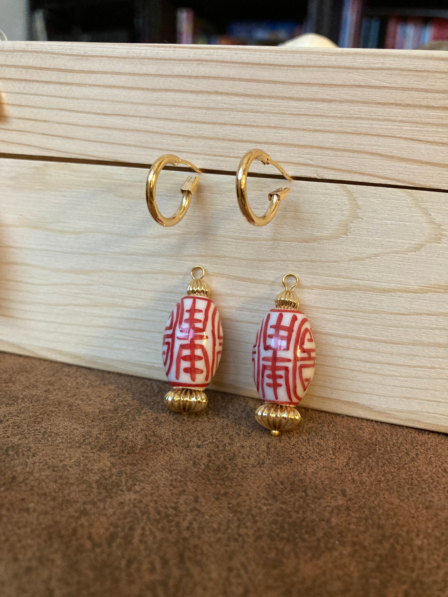 Golden Interchangeable Huggies Earrings with Hand Painted Ceramic Ancient Character of Long-Life Ceramic Beads