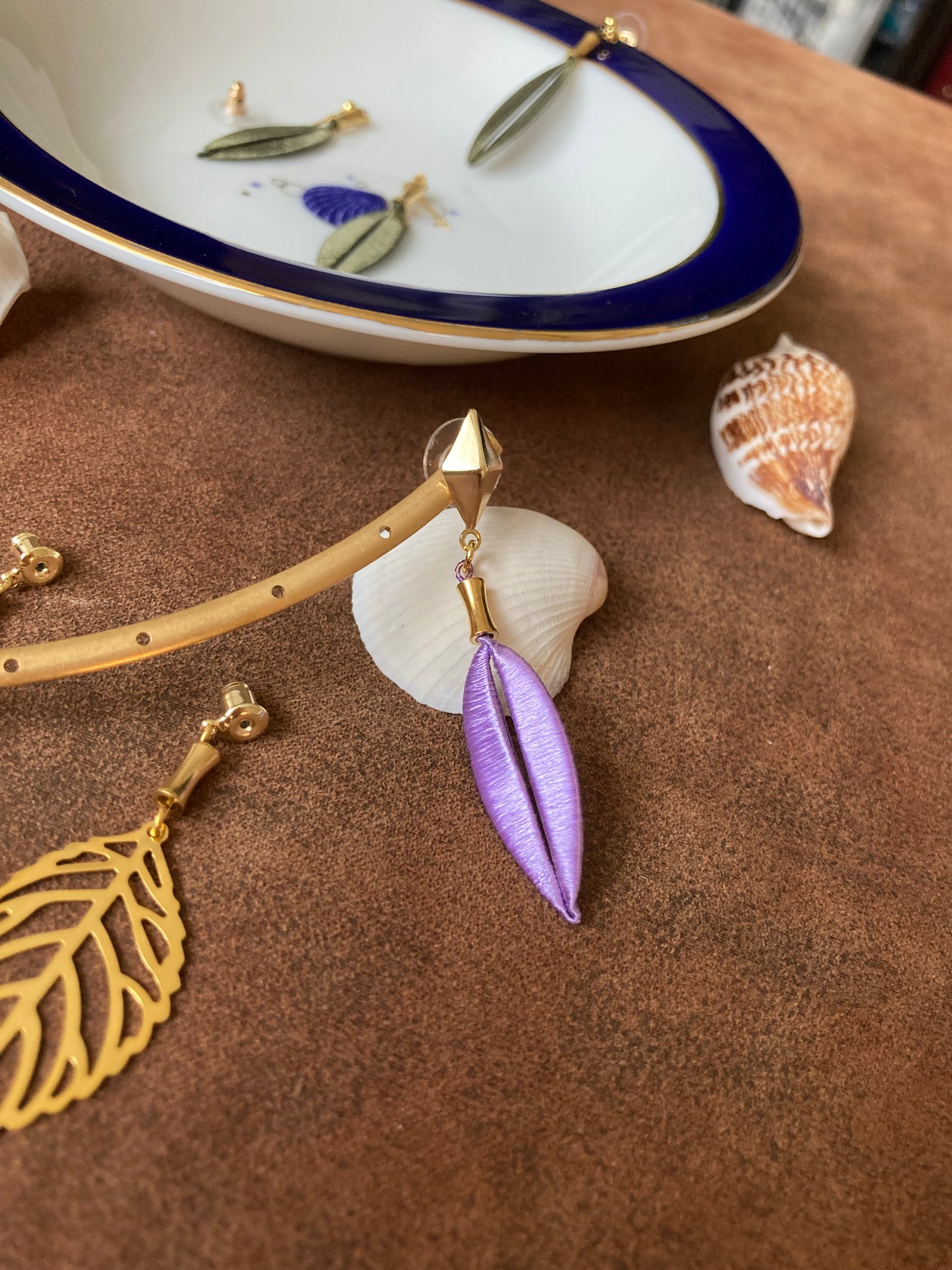 Interchangeable Gold & Lavender Shiny Hand-wrapped Silky Thread Leaf Dangling Earrings