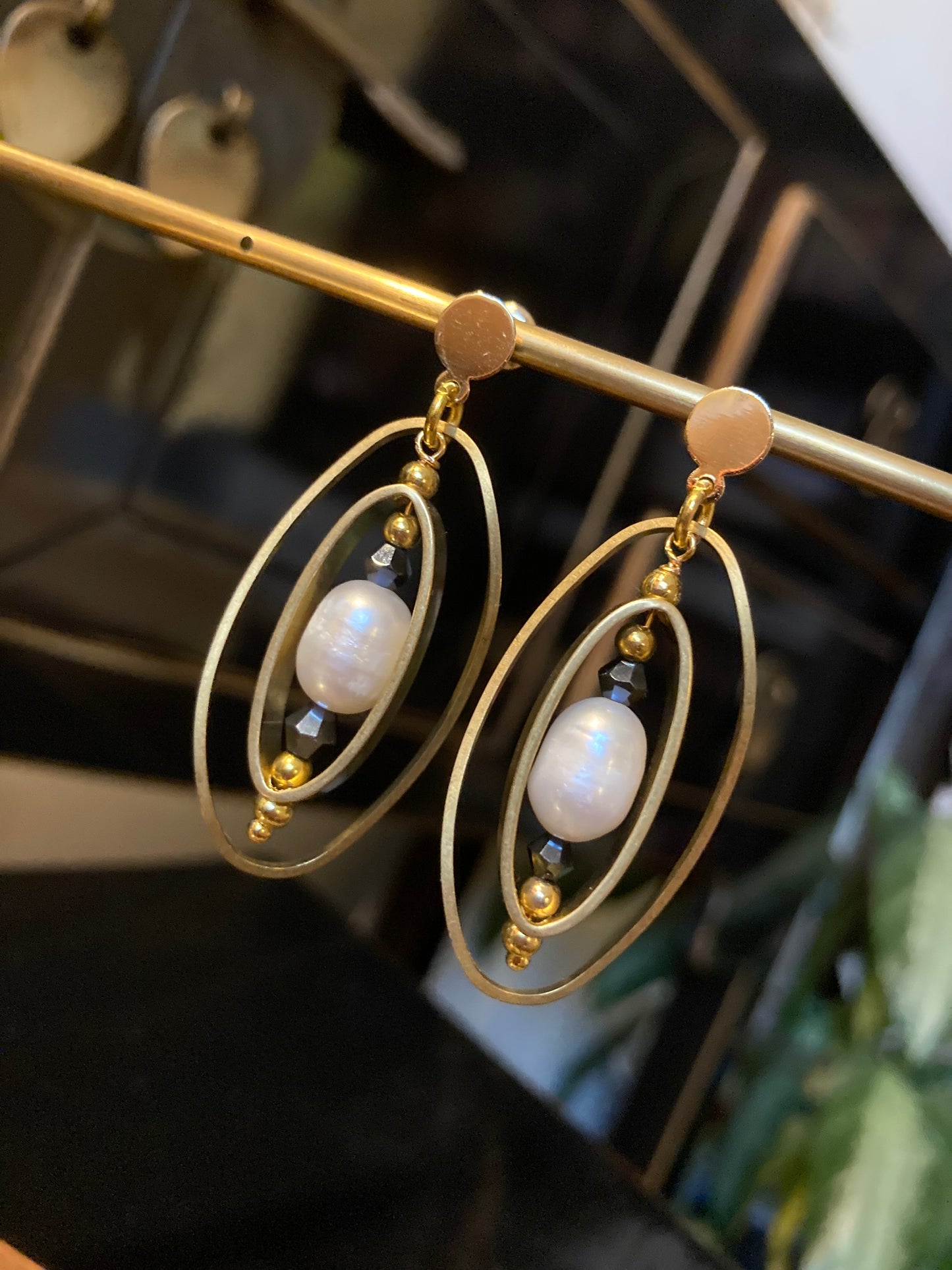 Lynn T• Freshwater Pearl Modern Geometric Design Golden Dangling Earrings