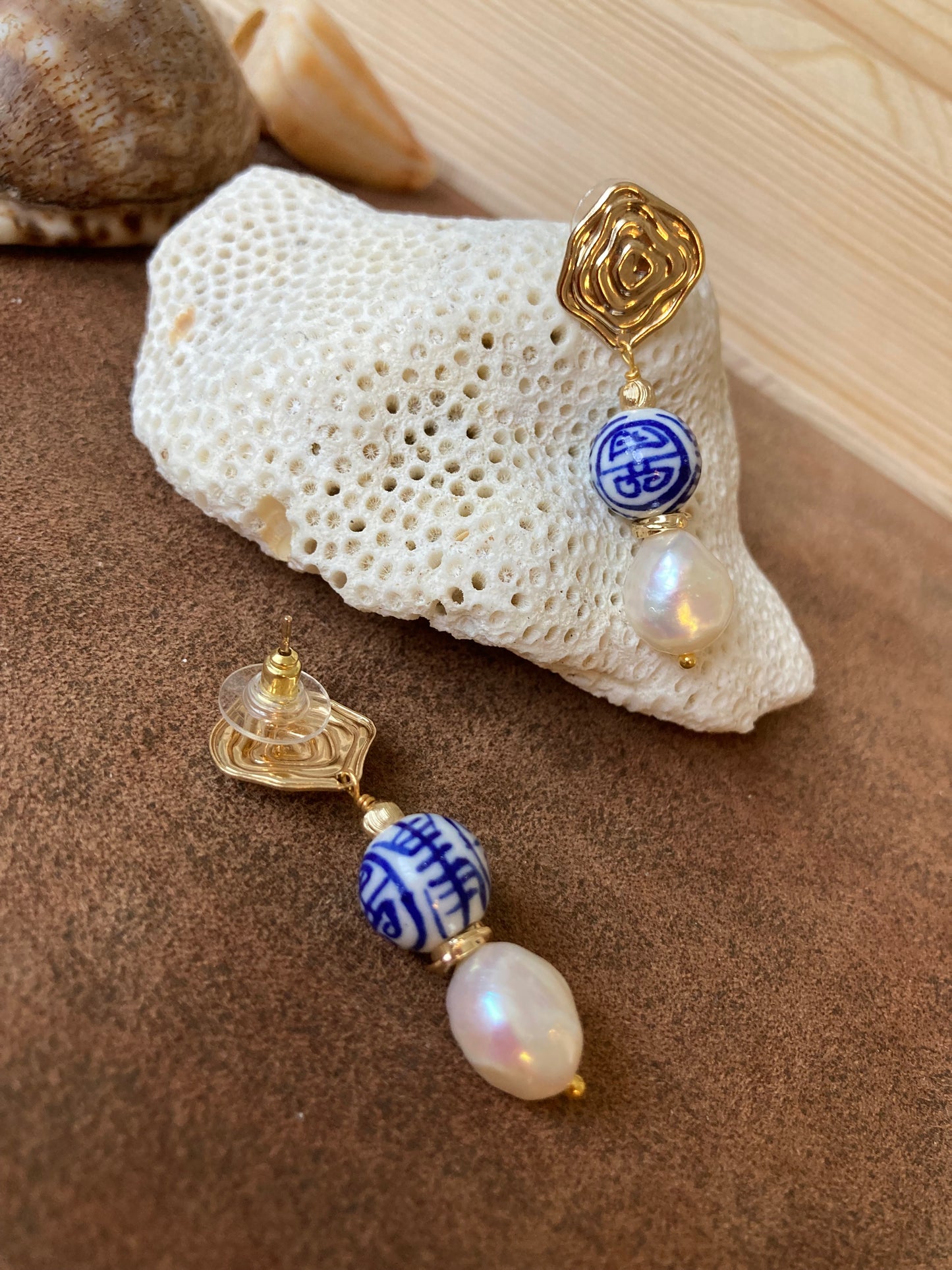 Statement Golden Stud Earrings in Freshwater Pearl & Hand Painted Ancient Character of Long-Life Ceramic Beads