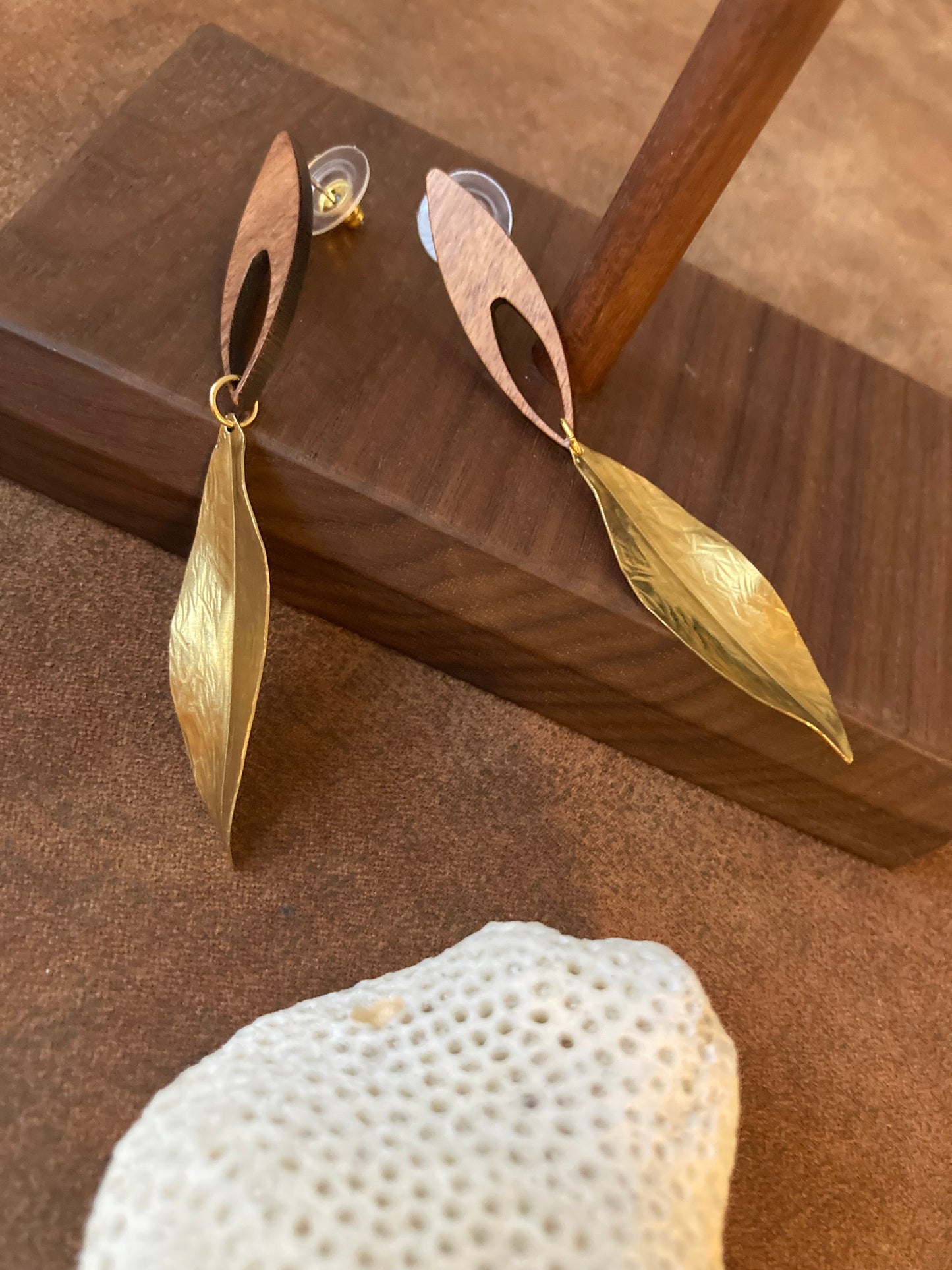 Julie•Discovery-Golden Hand Brushed & Hammered Brass Leaf Wood Stud Earrings