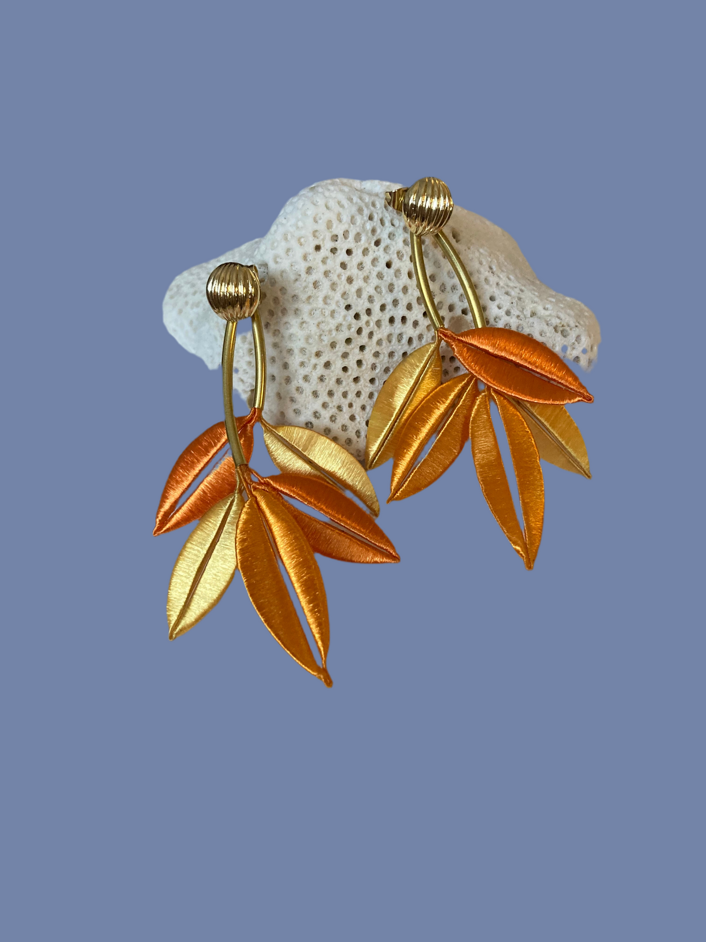 Interchangeable Heritage Skills Hand-wrapped Silky Thread Yellow-Gold-Orange Mixed Color Floral Stud-Earrings