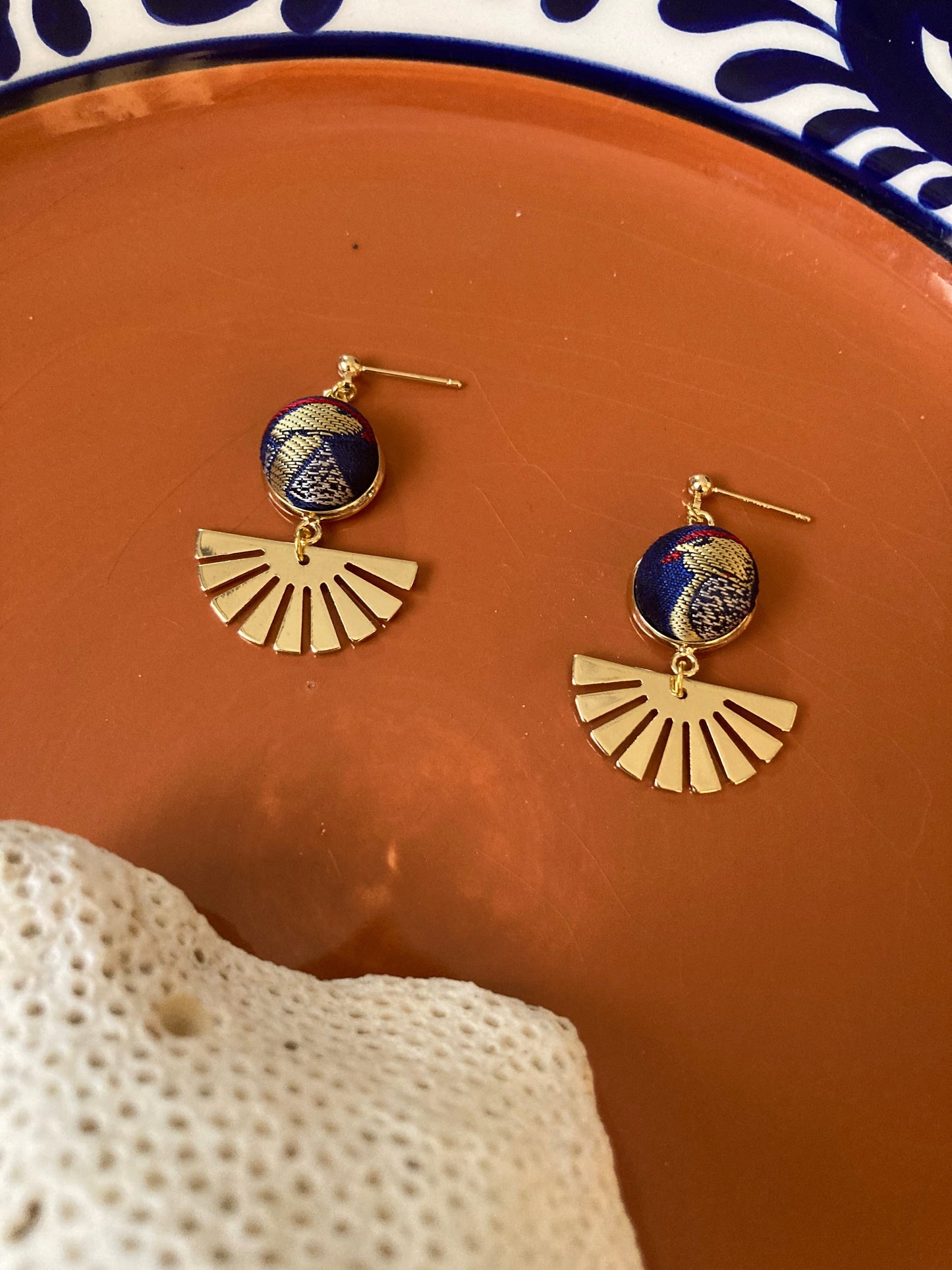 Sun in Blue Sky•Golden Contemporary Design Silk Earring Studs-