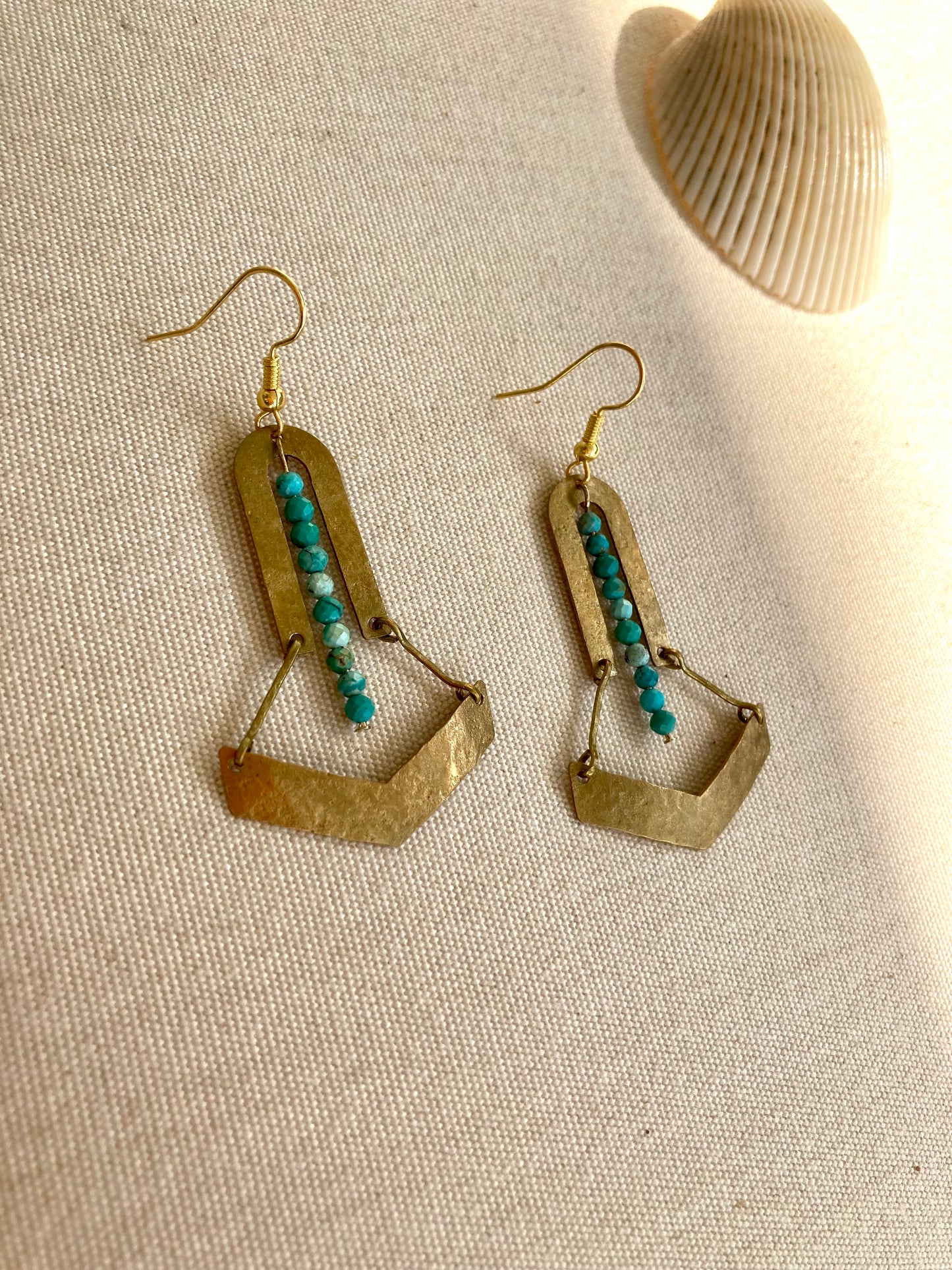 Tulum•Unique Turquoise Beads Hand Hammered Golden Geometric Earrings