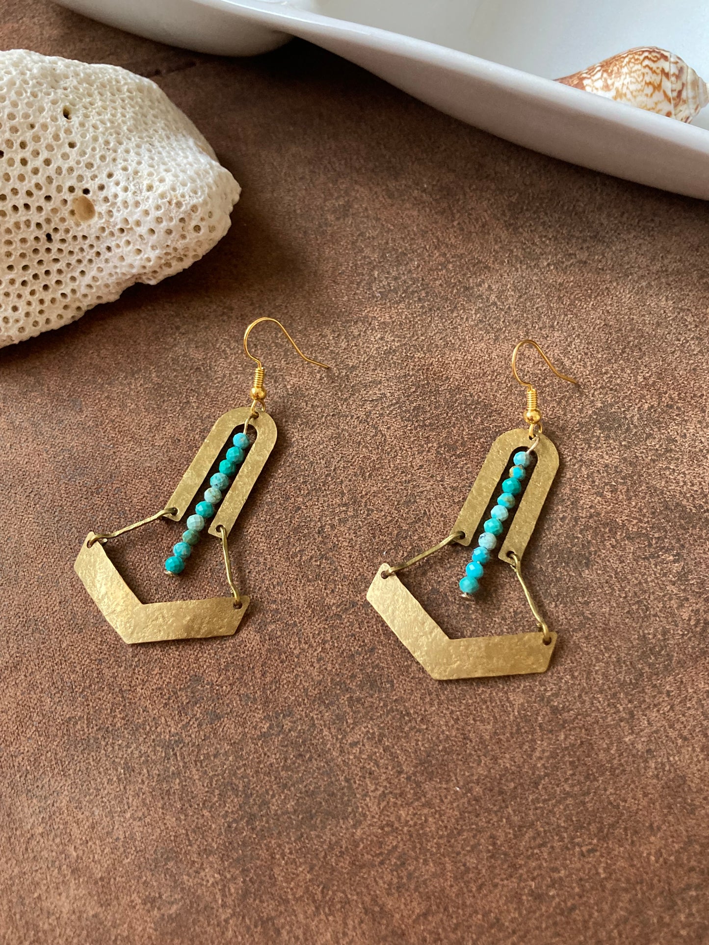 Tulum•Unique Turquoise Beads Hand Hammered Golden Geometric Earrings