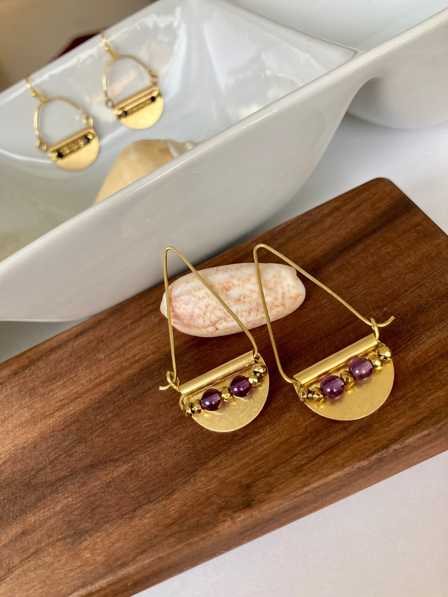 Deborah•Modern Geometric Design Semi-precious Gemstone Golden Earrings