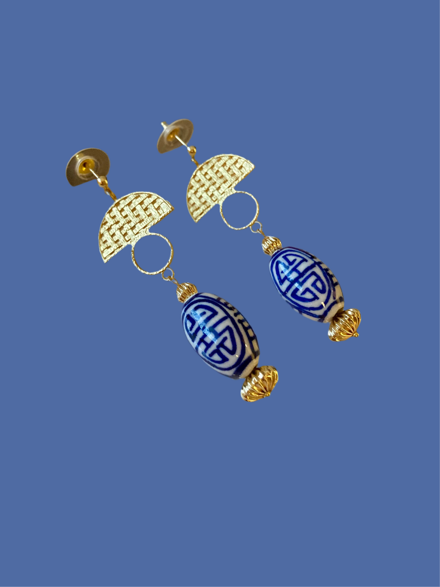 Gwen•Statement Golden Stud Earrings with Hand Painted Ceramic Ancient Character of Long-Life Beads