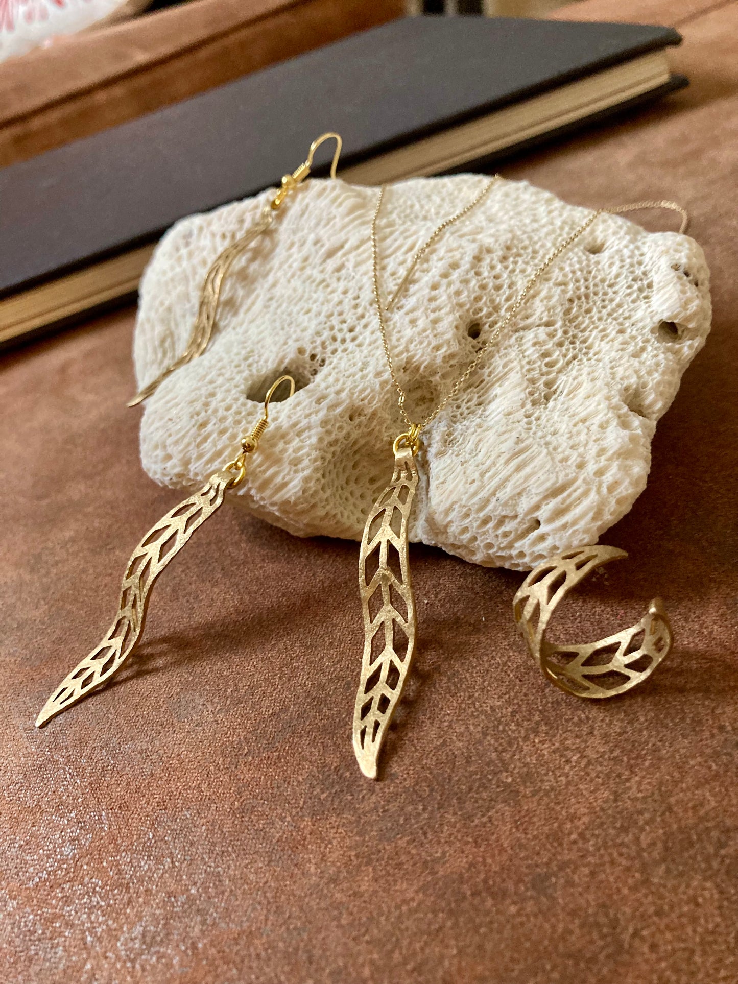 Discovery-Set-Golden Leaf Earrings+Necklace+Ring One of a Kind Set