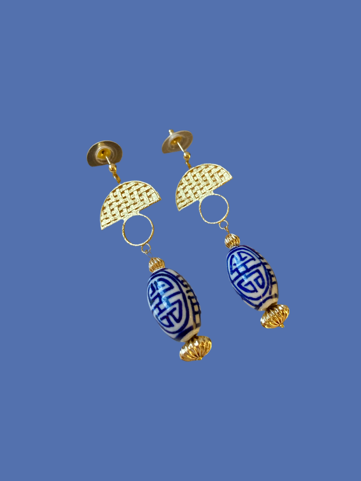 Gwen•Statement Golden Stud Earrings with Hand Painted Ceramic Ancient Character of Long-Life Beads