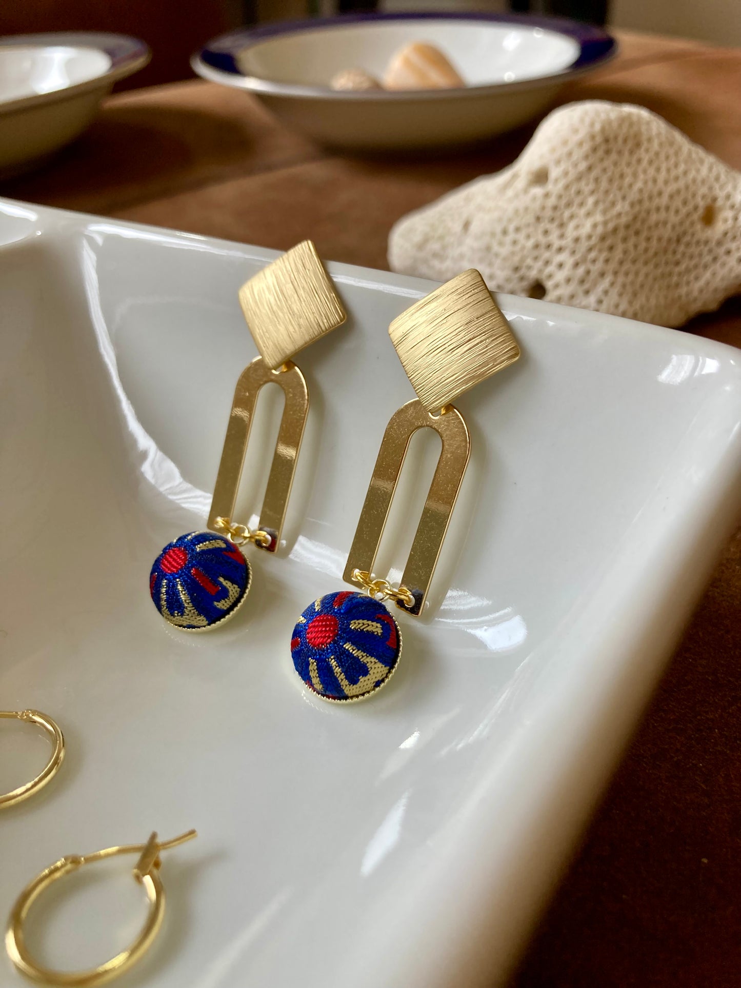 Golden Geographic Design Silk Earring Studs-Royal Blue