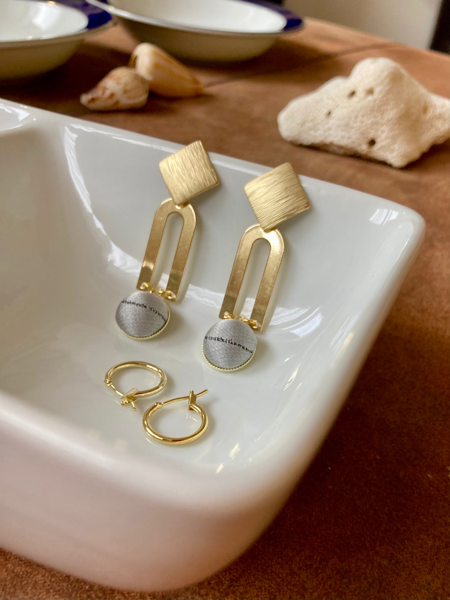 Golden Geographic Design Silk Earring Studs-Silver Color