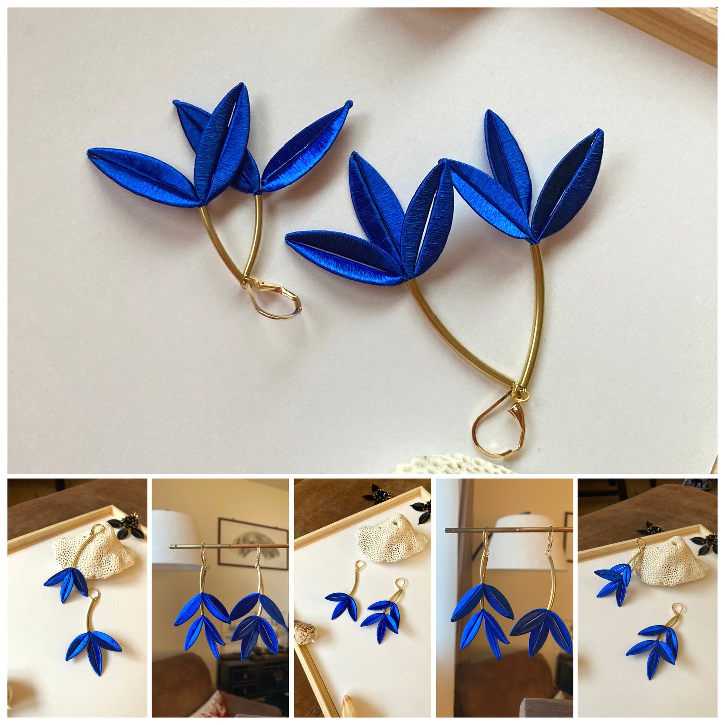 Sylvia•Unique Design Statement 6+Way-to-Style Hand-wrapped Royal Blue Silky Thread Floral Earrings