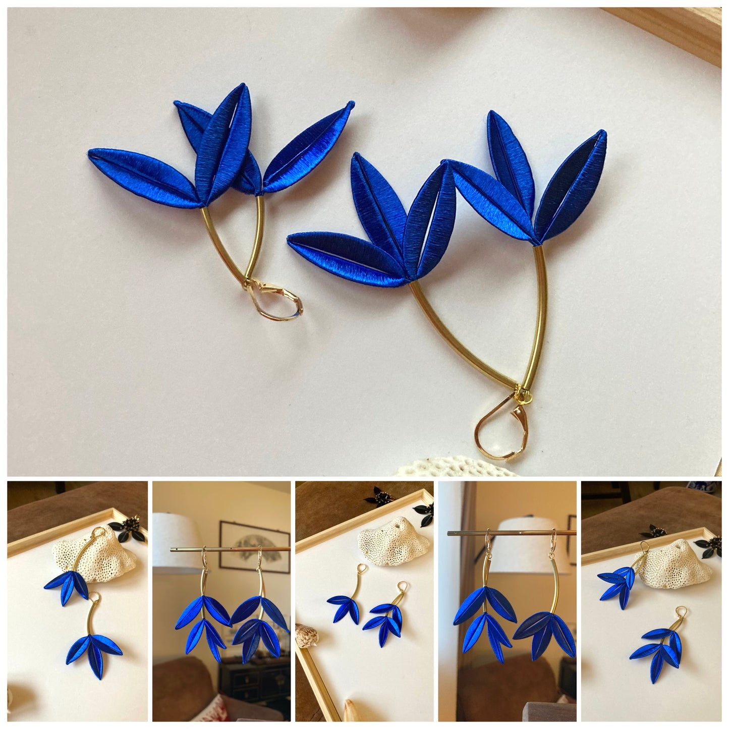 Penny•Unique Design Statement 6+Way-to-Style Hand-wrapped Royal Blue Silky Thread Floral Earrings